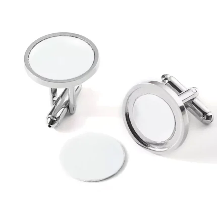 Abotoadura circular em branco prateada com design de ímã e caixa